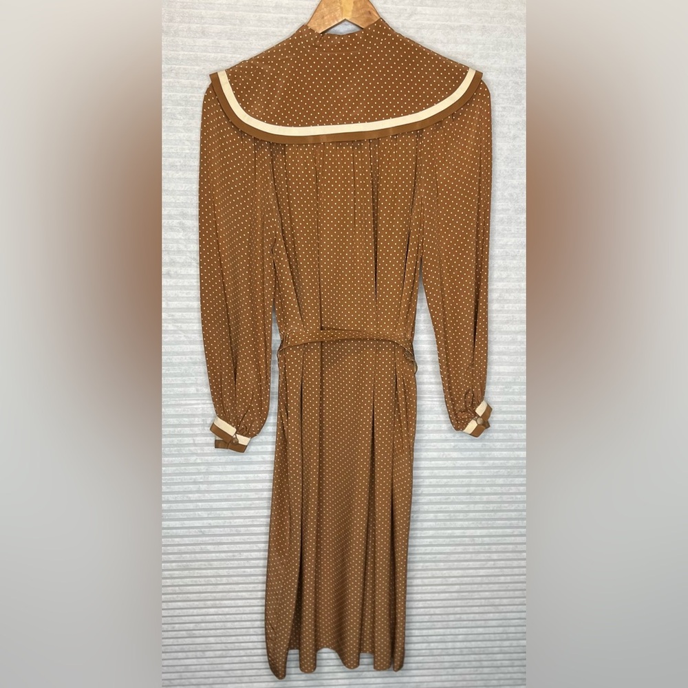 Vintage 70’s Ted Lapidus Paris Silk Maxi Dress Brown Beige Polka Dots Size 4 - Picture 14 of 15